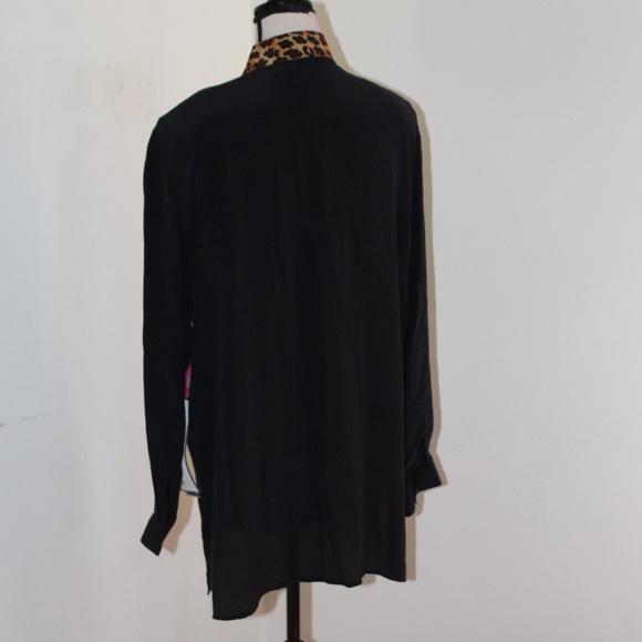 Diane Gilman, Black Shirt with Leopard and Floral Design blouse 100% Silk - Picture 4 of 11